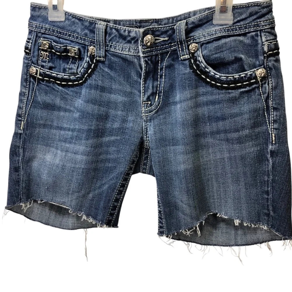 Miss Me Sz 27 Y2K Bling Denim Cutoff Shorts Dark Wash Flap Pocket Low Rise Retro